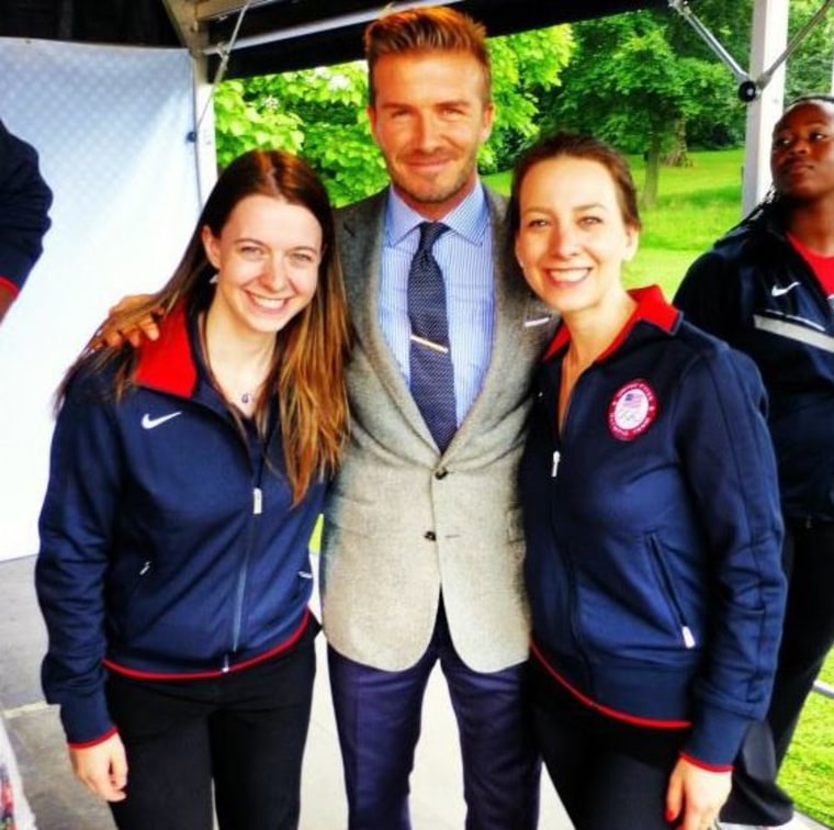 Olympians Sarah Hughes and Emily Hughes pose with David Beckham