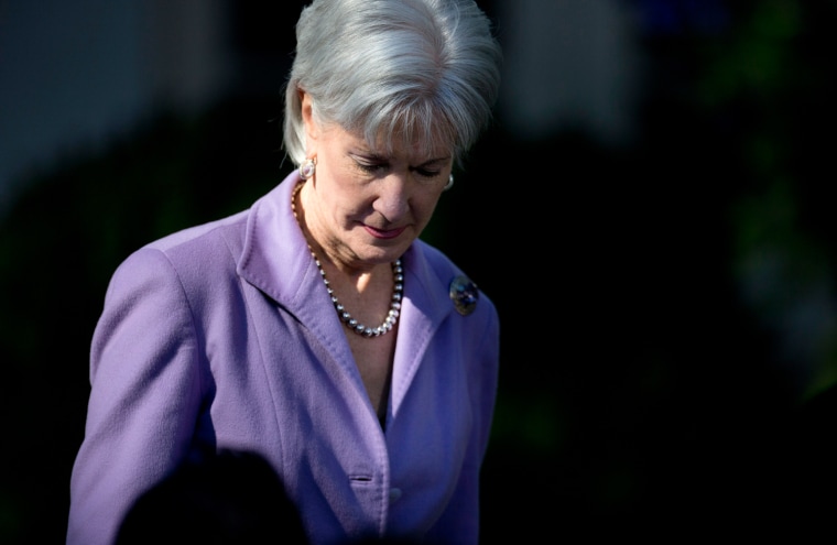 Health and Human Services Secretary Kathleen Sebelius arrives in the Rose Garden of the White House in Washington, Monday, Oct. 21, 2013, for and event with President Barack Obama on the initial rollout of the health care overhaul.