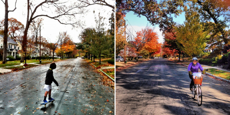 Then (left): As Superstorm Sandy churns toward New Jersey, a boy rides a rip stick down Montclair Ave. in Montclair, N.J., on Oct. 29, 2012. Now (right): In sharp contrast to the foreboding skies a year ago, a woman rides her bike down the same street on a cloudless day a year later.