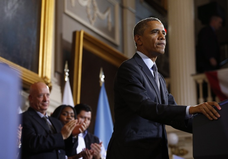 President Barack Obama speaks about health insurance at Faneuil Hall in Boston.