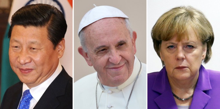 Chinese President Xi Jinping, Pope Francis and German Chancellor Angela Merkel.