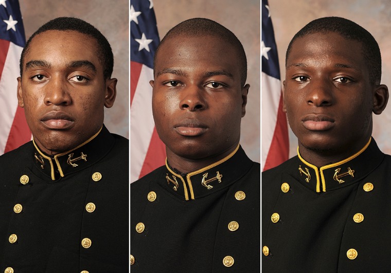 Midshipmens Tra'ves Bush, Eric Graham and Josh Tate. A hearing has begun to determine whether the three men will face a court-martial on charges that they sexually assaulted a female midshipman.