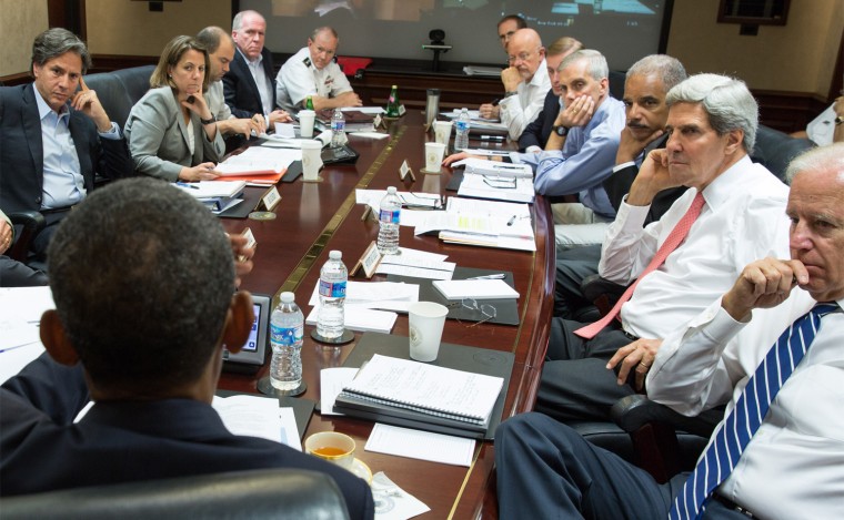 President Barack Obama meets with his national security advisers in the White House Situation Room on Saturday to discuss strategy in Syria.