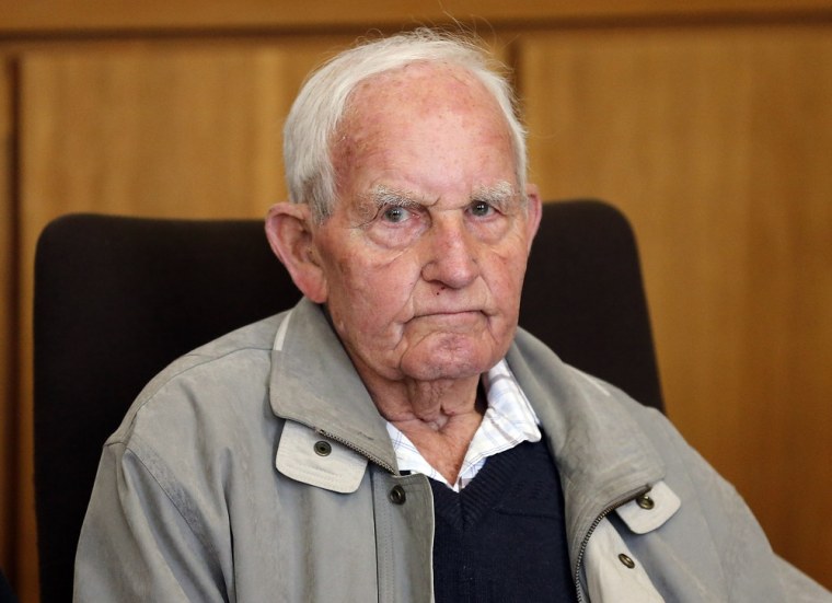 Siert Bruins, 92-year-old former member of the Nazi Waffen SS, sits in a courtroom in Hagen, Germany, Monday, Sept. 2, 2013. Dutch-born Siert Bruins, who is now a German, is on trial on allegations he executed a Dutch resistance fighter in 1944. Bruins, who volunteered for the SS after the Nazis took the Netherlands in 1941, already served time in Germany in the 1980s after being found guilty in the wartime killing of two Dutch Jews.
