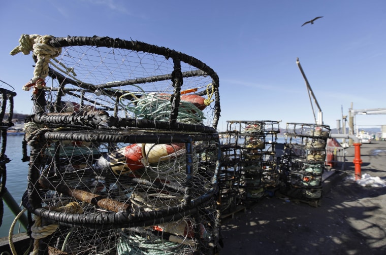 Empty crab pots sit on pier at Fisherman's Wharf in San Francisco in 2012.