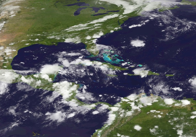 A satellite image of the Atlantic Ocean and Caribbean on Monday, Sept. 2, showing little disturbance.