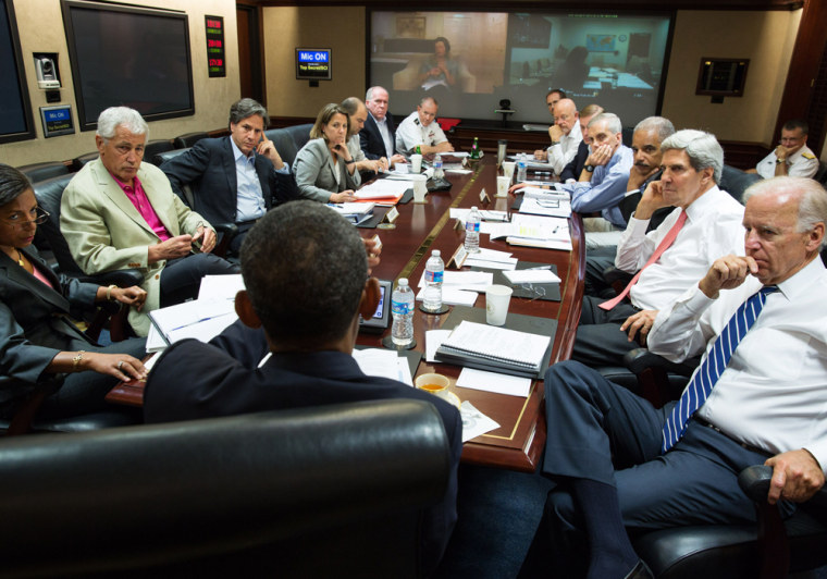 In this image released by The White House, US President Barack Obama (C) meets in the Situation Room with his national security advisors to discuss strategy in Syria on August 31, 2013.