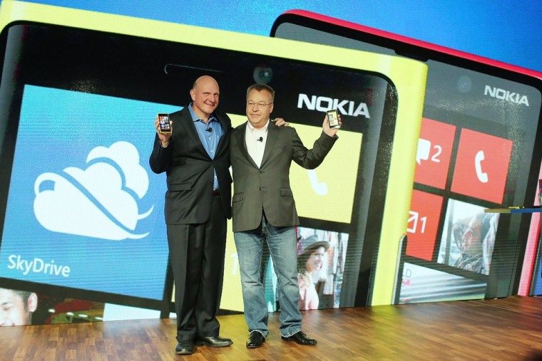 A tale of two Steves. Will the one on the right take over at Microsoft from the one on the left? Nokia Chief Executive Stephen Elop (R) stands with St...