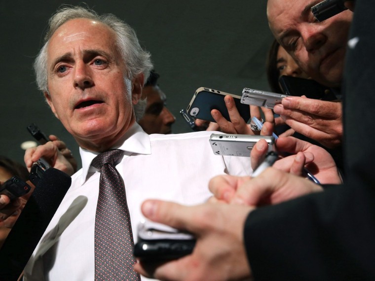 Senate Foreign Relations Committee ranking member Sen. Bob Corker (R-TN) talks to reporters before heading into a members-only classified briefing about Syria at the U.S. Capitol September 3, 2013 in Washington, DC.