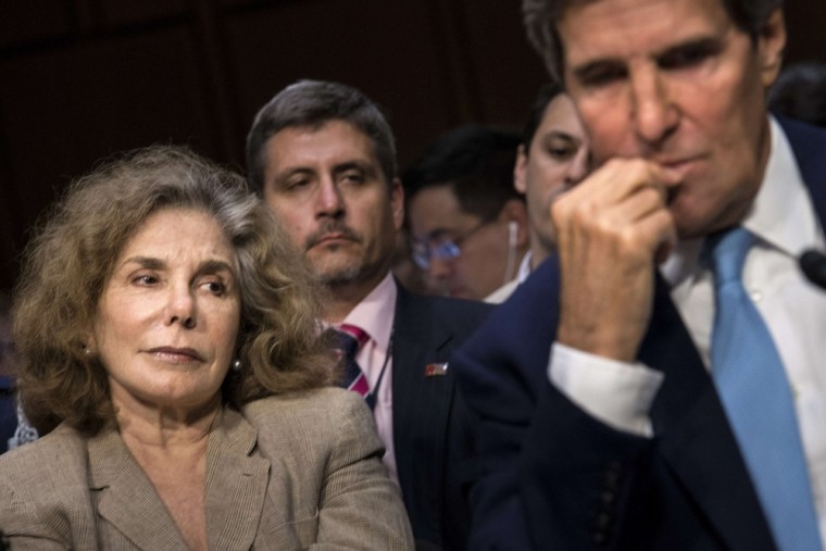 Teresa Heinz Kerry and her husband US Secretary of State John Kerry listen during a hearing of the Senate Foreign Relations Committee on Capitol Hill on Tuesday.