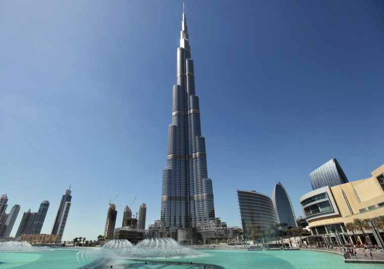 The Burj Khalifa, the world's tallest tower at a height of 828 metres (2,717 feet), looms over Dubai.