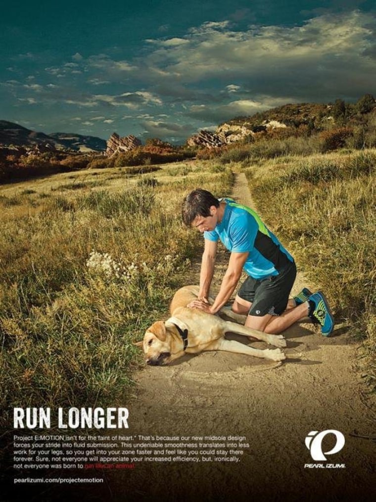 Pearl Izumi has apologized for running an ad campaign that featured an apparently dead dog who collapsed after failing to keep up with his owner.