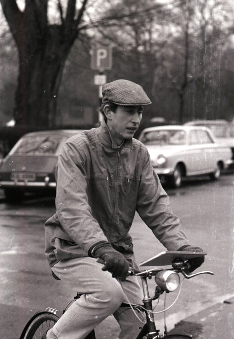 Charles cycles to a lecture in 1969.