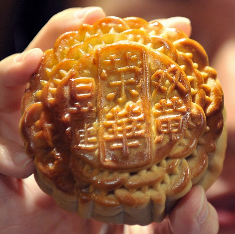 A traditional Chinese mooncake on sale at a busy outlet in Hong Kong.