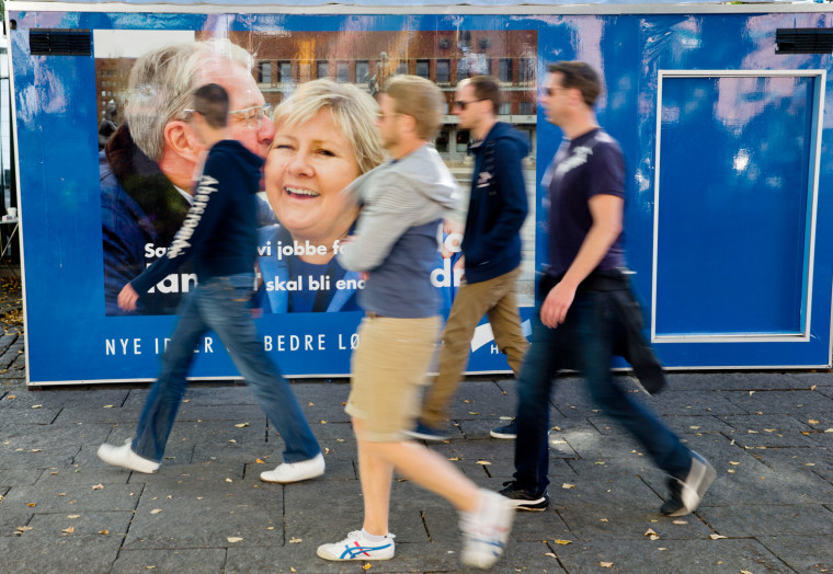 A poster of the Norwegian leader of the Conservative Party, Erna Solberg, is seen on Monday in downtown Oslo as voters head to the polls for the general election.