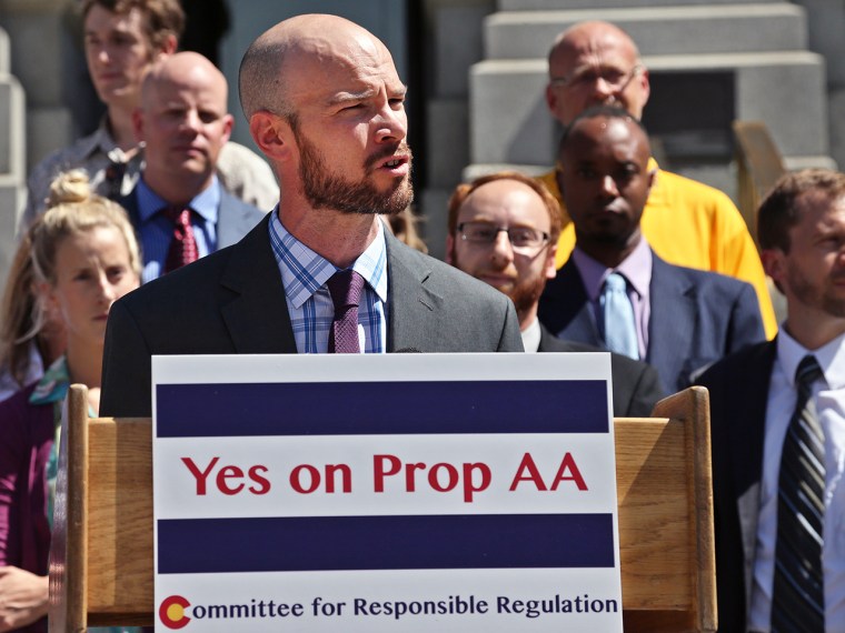 Marijuana activist and Amendment 64 co-author Brian Vicente speaks during a news conference at which he and others kicked off the Yes on Proposition A...