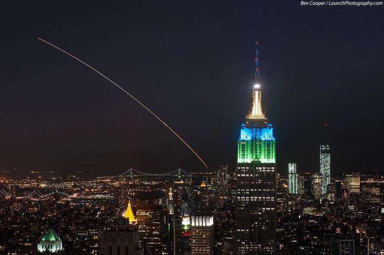 Veteran launch photographer Ben Cooper went to the Top of the Rock at New York's Rockefeller Center to capture this time-exposure view of the Minotaur 5 rocket's bright arc above the Empire State Building. The Virginia launch pad was about 200 miles to the south, which made the experience memorable for Cooper.
