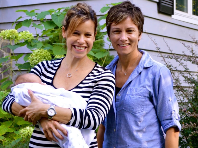 Jenna Wolfe and Stephanie Gosk with their daughter, Harper Estelle Wolfeld Gosk.