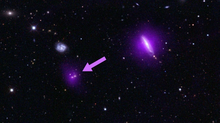 This optical color image of galaxies is seen overlaidwith X-ray data (magenta) from NASA's black hole-hunting NuSTAR space telescope. The arrow points to magenta blobs indicating giant, supermassive black holes discovered by the space telescope.