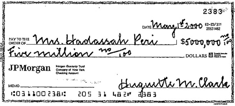 One of three $5 million checks that Huguette Clark wrote to her private duty nurse, Hadassah Peri, who received more than $31 million, not counting millions more she could receive from the will. Hadassah worked for Huguette for 20 years, including every day for nearly a decade. She said,