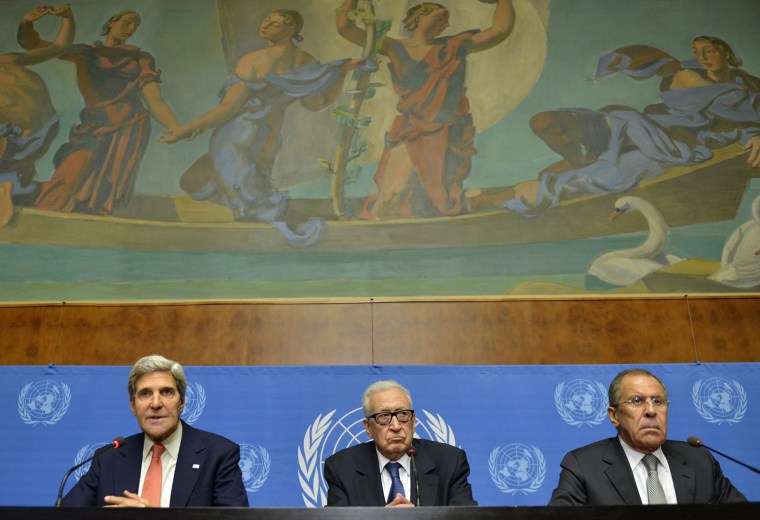 Secretary of State John Kerry, U.N.-Arab League envoy for Syria Lakhdar Brahimi and Russian Foreign Minister Sergei Lavrov hold a news conference in Geneva on Friday.