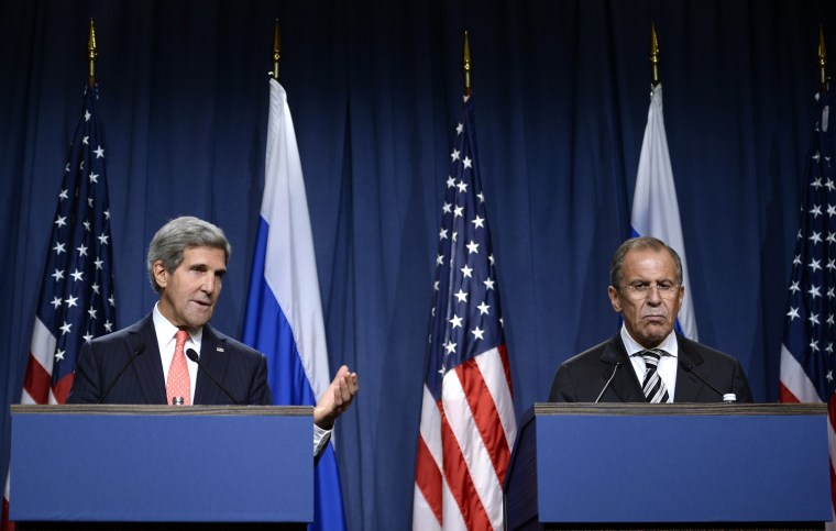 Secretary of State John Kerry, left, holds a joint press conference with Russian Foreign Minister Sergei Lavrov in Geneva on Saturday to discuss the agreement they reached on eliminating Syria's chemical weapons.