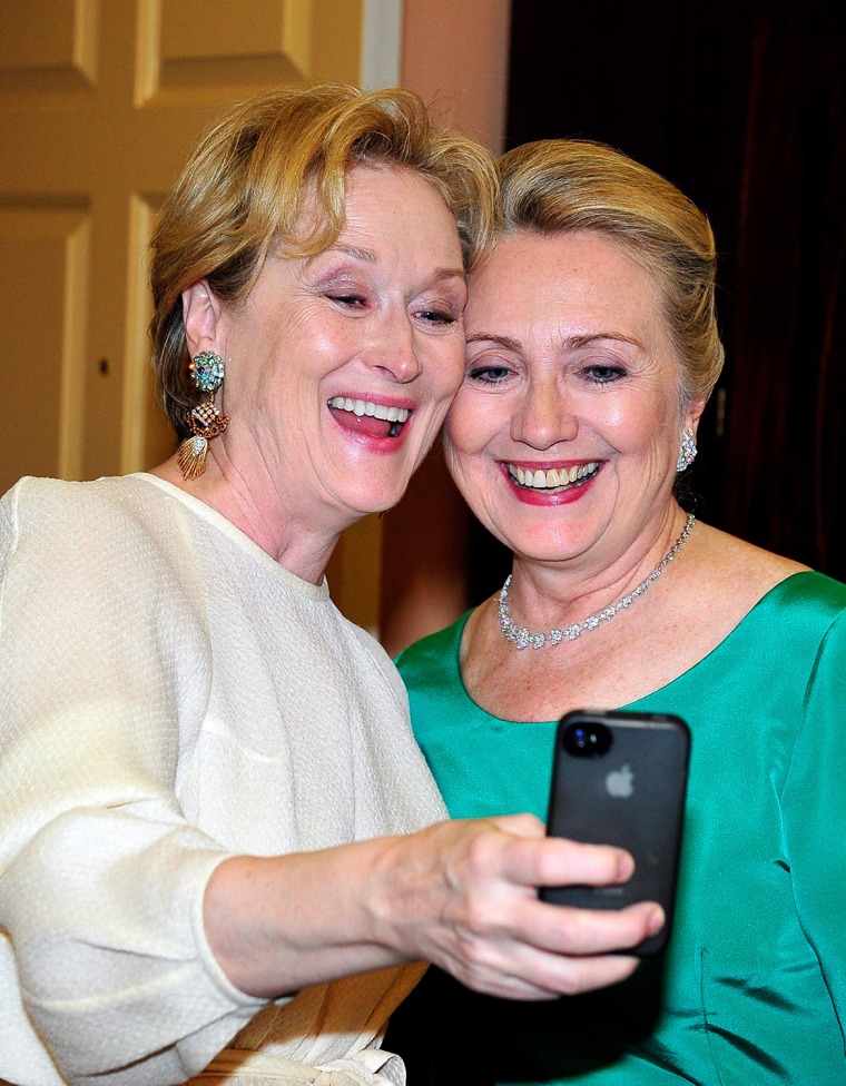 Meryl Streep takes a selfie with then Secretary of State Hillary Clinton following a dinner for Kennedy honorees.