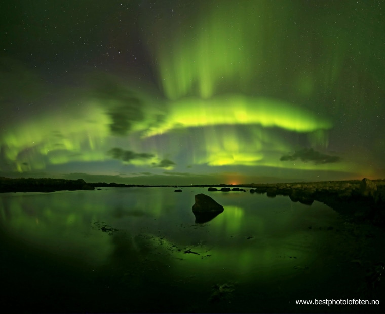 Northern lights glow green over Laukvik in Norway's Lofoten district, in a view captured on Sept. 13 by June Gronseth. For more, check out BestPhotoLofoten.no.