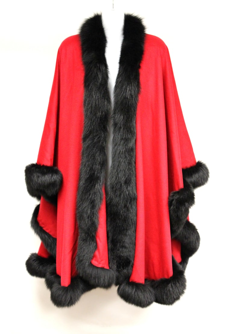 A lady's red cashmere cape with dyed black mink trim.