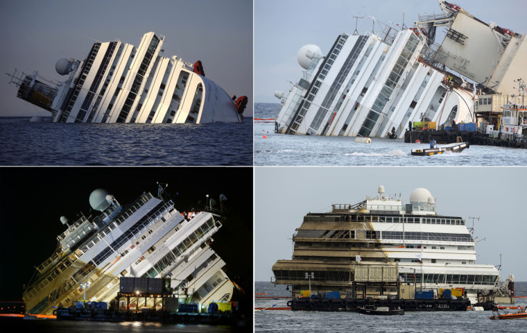 This combination made on September 17, 2013 shows four photos of the Costa Concordia, after the cruise ship ran aground and keeled over off the Isola ...