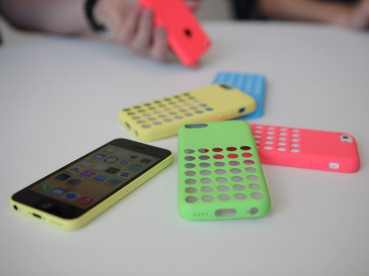 An iPhone 5C on display with its colorful cases at Apple's launch event in Cupertino, Calif. on Sept. 10.