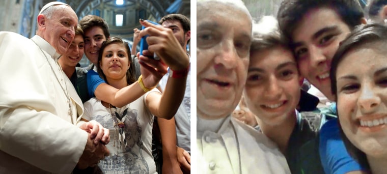 Pope Francis took a selfie with youths from the Italian Diocese of Piacenza and Bobbio inside St. Peter's Basilica in August.