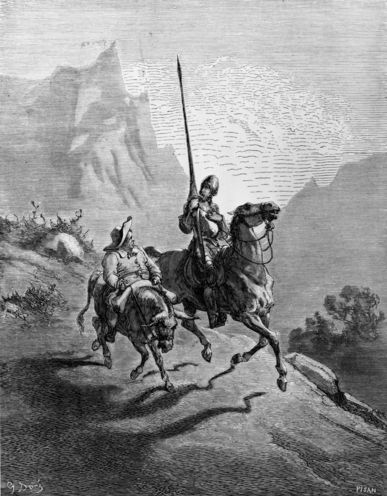 Don Quixote and Sancho Panza ride their mounts in a scene from Part I, Chapter 7 of Miguel de Cervantes' 'Don Quixote.' 'It was yet early in the morning, at which time the sunbeams did not prove so offensive'.