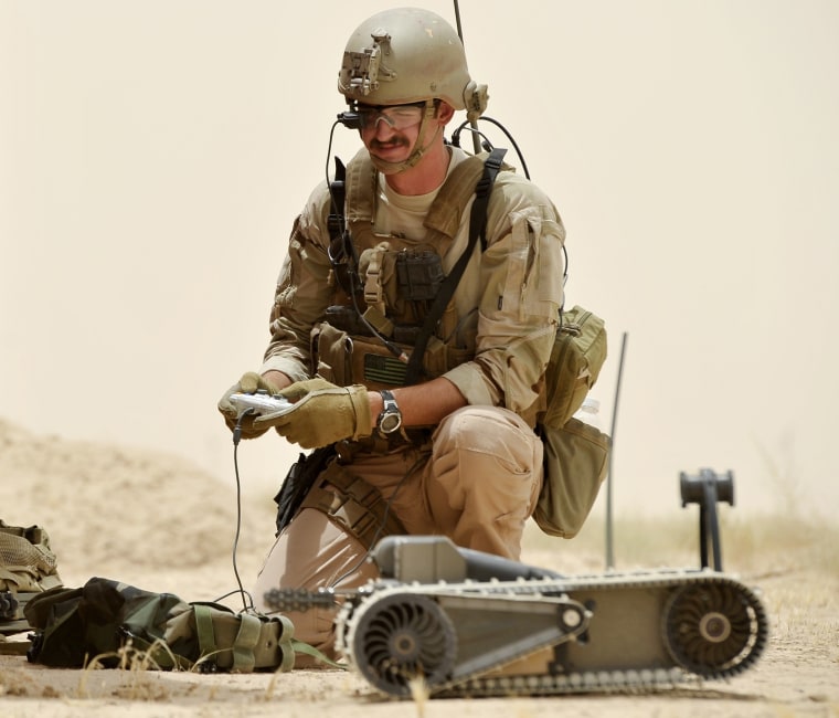 100712-N-0490C-003 TIKRIT, Iraq (July 12, 2010) A Sailor assigned to Explosive Ordnance Disposal Mobile Unit (EODMU) 2 operates a small unmanned groun...