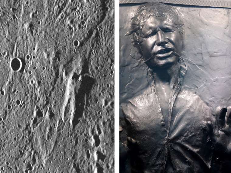 Left: The surface of Mars, right: The Star Wars prop of actor Harrison Ford's Han Solo character frozen in carbonite is displayed at the museum exhibi...