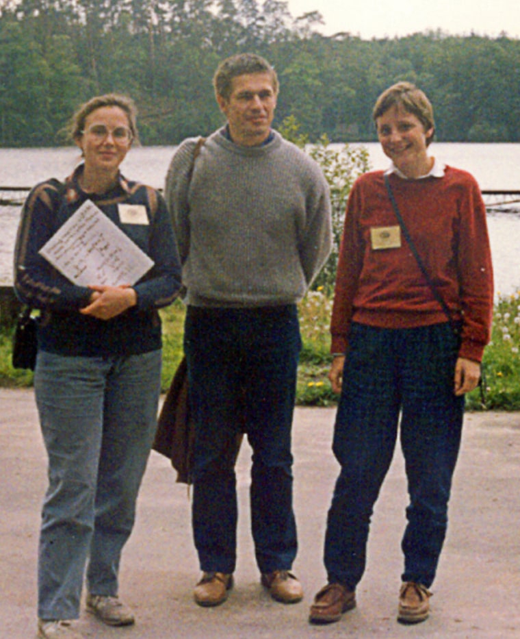 A picture taken in 1989 in the northern Polish city of Bachotek shows, from left: now quantum chemistry professor Malgorzata Jeziorska; Joachim Sauer, Angela Merkel's husband; and Angela Merkel at a summer school for chemistry students.