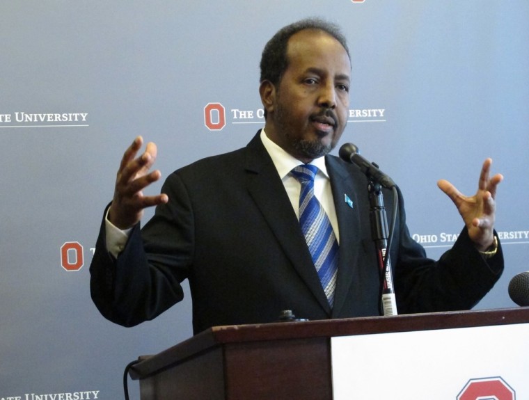 Somali President Hassan Sheikh Mohamud discusses security and political issues in Somalia, during a question and answer session after a speech on Sept. 23, in Columbus, Ohio. Mohamud says maintaining security is his government's top goal.