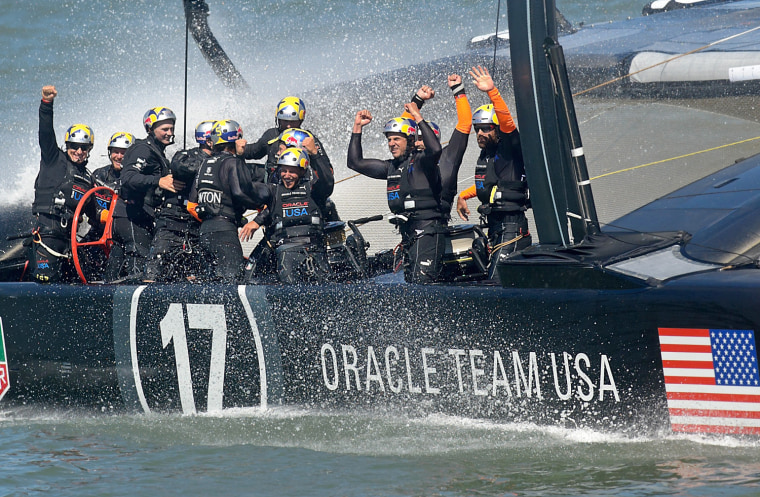 Oracle Team USA celebrates defeating Emirates Team New Zealand in the 34th America's Cup on Sept. 25, 2013, in San Francisco.