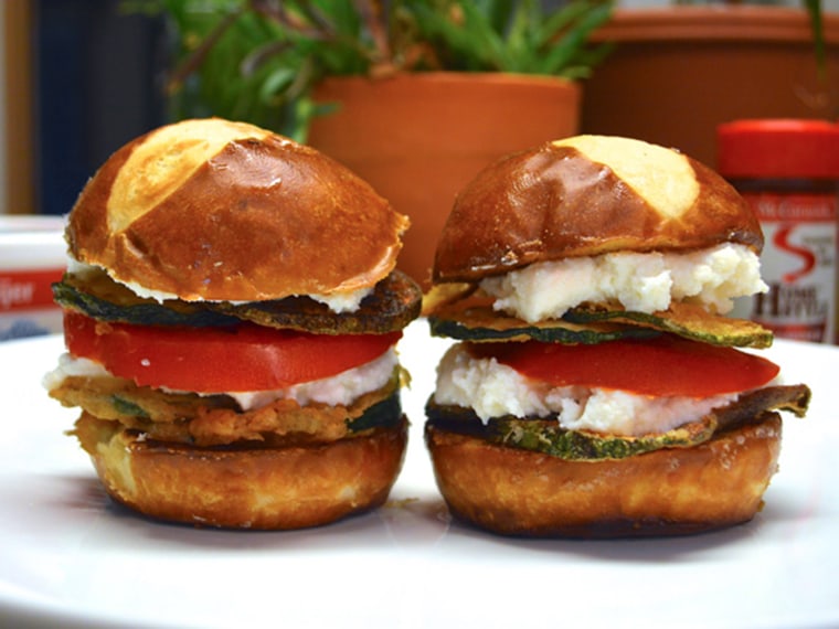 Forbidden Sandwich #3â€“Fried Zucchini and Sliced Tomato on Pretzel Roll
