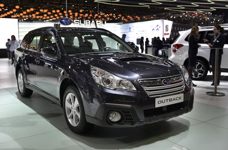 The new Subaru Outback AWD is displayed at the Japanese carmaker's booth on March 5, 2013 on the press day of the Geneva car show in Geneva. The Genev...