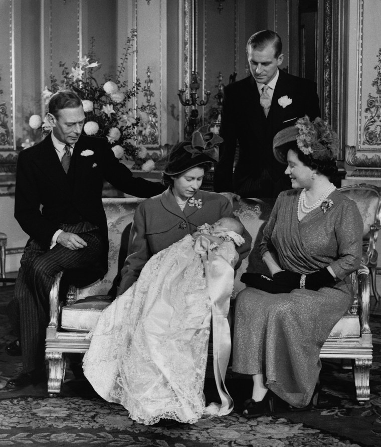 Members of the British royal family gathering for the Dec. 15, 1948 christening of Prince Charles.