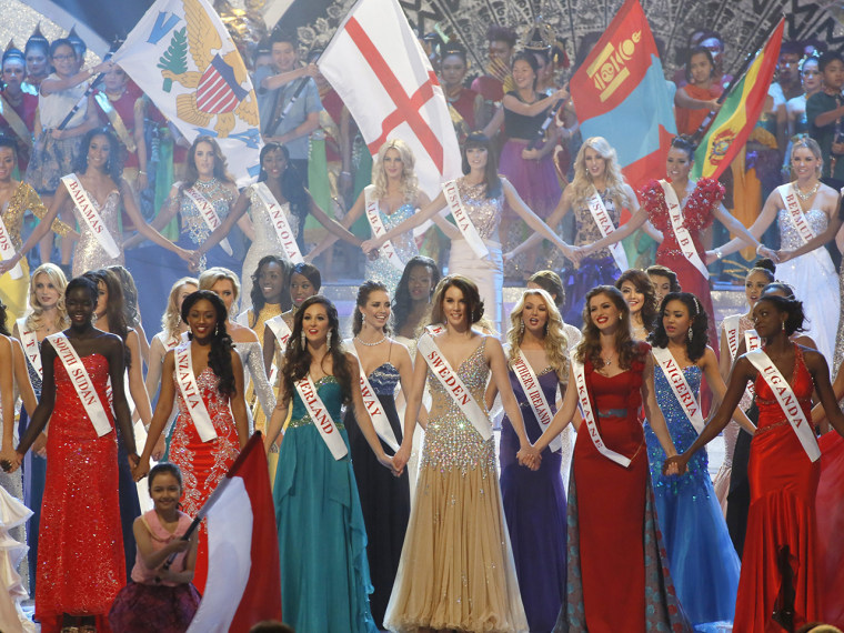 Contestants gather on stage Saturday during the grand finale of the Miss World 2013 beauty pageant in Bali.