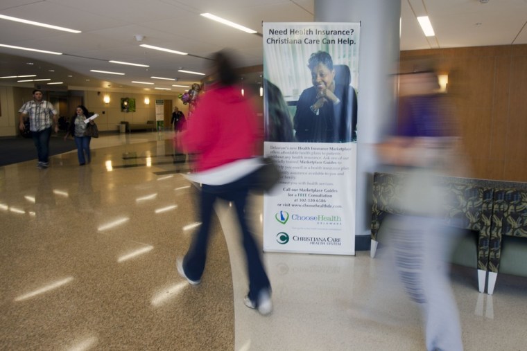 A banner in the lobby of the Christiana Care Health System in Wilmington, Delaware advertises free counsultations with a Marketplace Guide regarding health insurance options