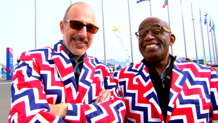 Matt Lauer and Al Roker modeled the jackets worn by the Norwegian Olympic curling team to match their pants, which can practically be seen from outer space.