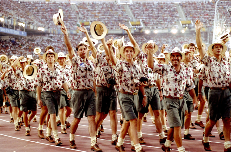 The Opening Ceremony outfits for the Australian team at the 1992 Summer Olympics in Barcelona made it seem as if the Crocodile Dundee cloning machine was working overtime.