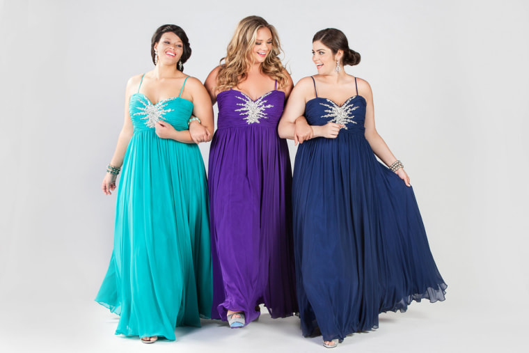 Women modeling plus size prom dresses from Sydney's Closet, a company that designs and manufactures prom dresses up to size 40.