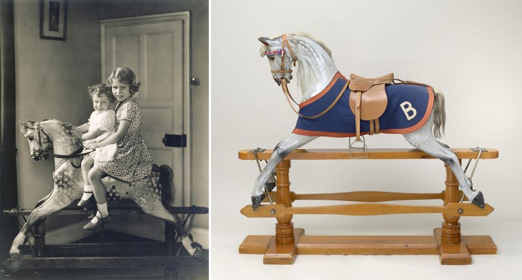 Princess Elizabeth and Princess Margaret on a rocking horse, August 1932
<br/>
<br/>Royal Collection Trust / (C) Her Majesty Queen Elizabeth II 2014.
...