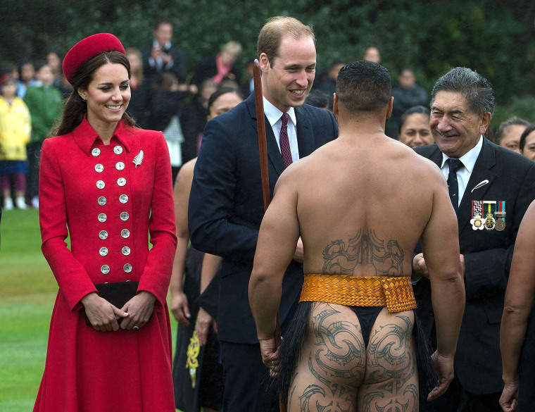 TOPSHOTS

Britain's Prince William (C) and his wife Catherine (L) meet a Maori warrior during a welcoming ceremony at Government House in Wellington o...