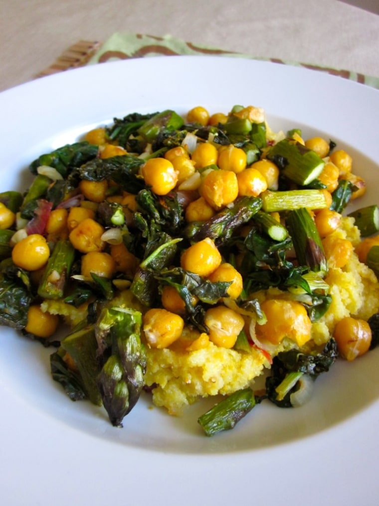 Roasted asparagus and chickpeas with sauteed spinach