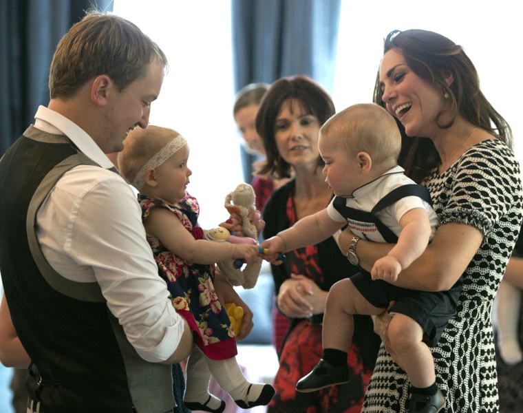 WELLINGTON, NZ - APRIL 09:  In this handout photo provided by Government House NZ, Catherine, Duchess of Cambridge and Prince George of Cambridge atte...